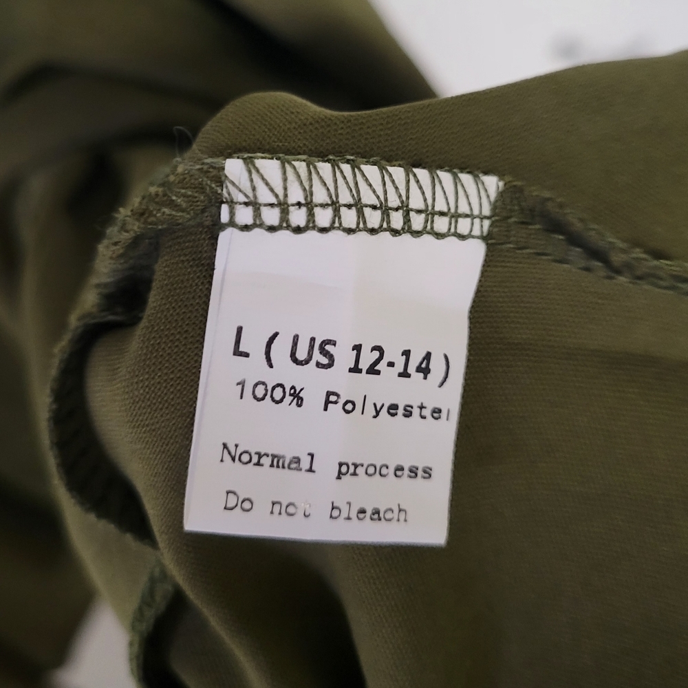 Olive Ruffle Hem Dress Army Green Batwing Sleeve Scoop Neck Asym L - Picture 7 of 7